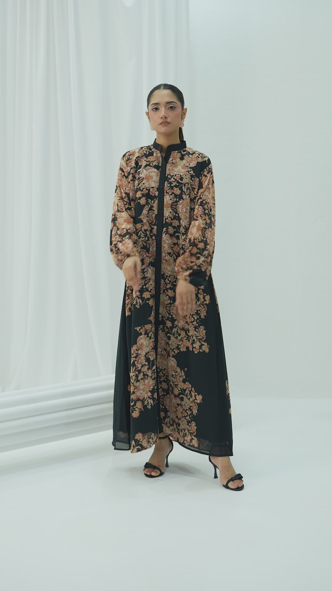 Black Print Peach Floral Dress