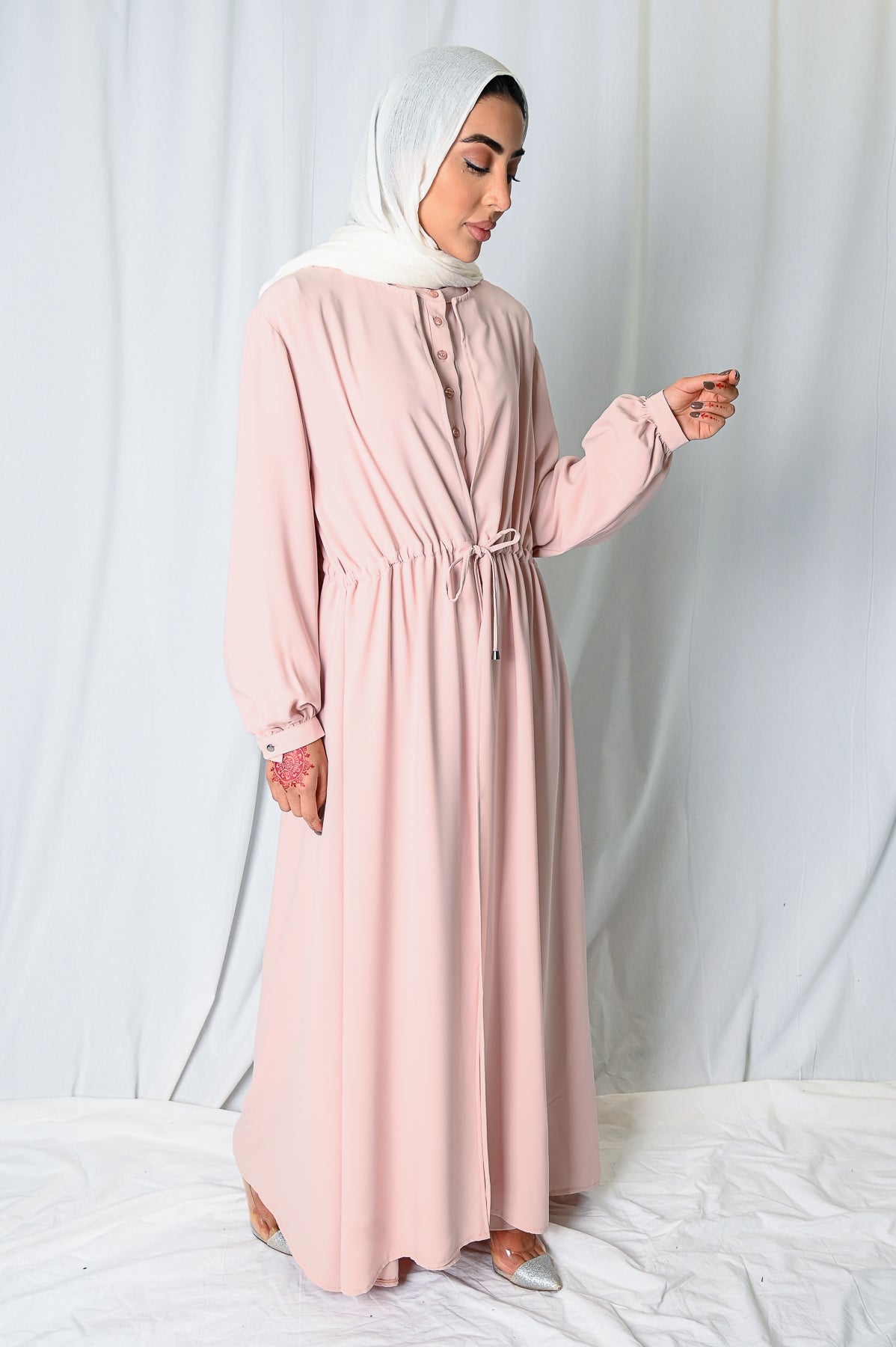 Powder Pink Drawstring Open Abaya